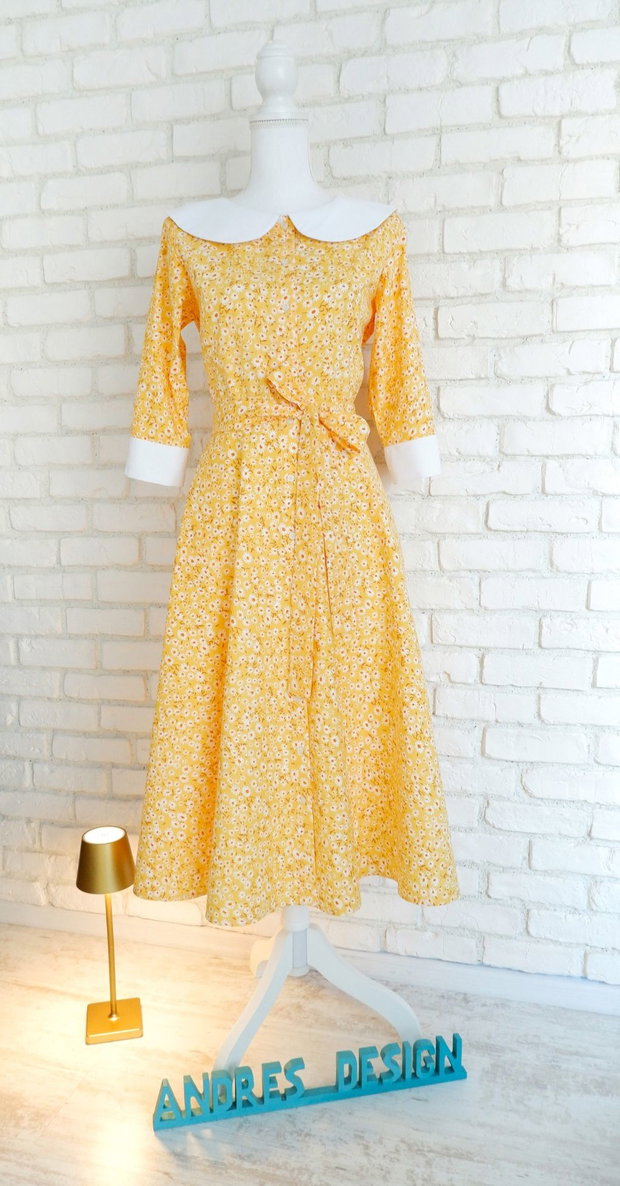 Rochie Camasa Galbena cu Margarete si Guler Mare Rotund