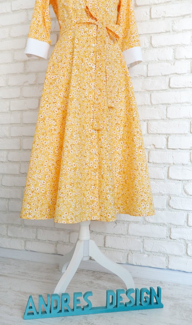 Rochie Camasa Galbena cu Margarete si Guler Mare Rotund