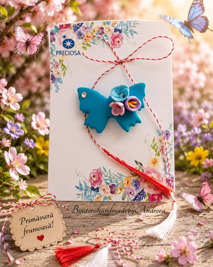 Brosa fluture si buchet de flori cu pietre Preciosa