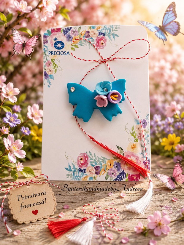 Brosa fluture si buchet de flori cu pietre Preciosa