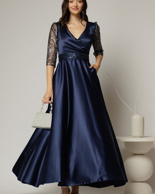 Rochie Adria lunga bleumarin cu cordon in talie