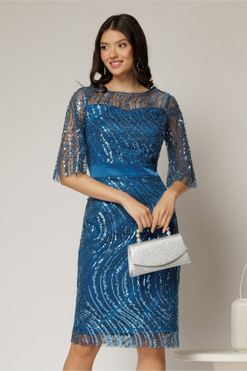 Rochie DY Fashion midi turcoaz din paiete si margele elegante