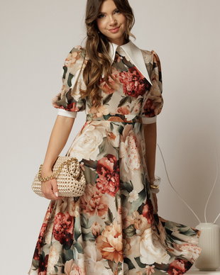 Rochie DY Fashion midi imprimeu floral rosu cu guler ascutit si maneci bufante