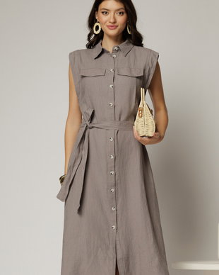 Rochie midi gri din bumbac fara maneci cu cordon in talie