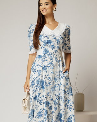 Rochie midi bleu din vascoza cu imprimeu floral si guler alb brodat