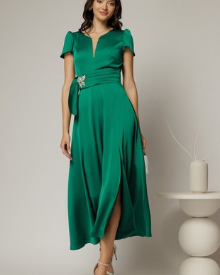 Rochie midi verde din satin cu aplicatie in talie si decolteu adanc
