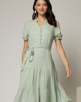 Rochie midi din viscoza verde fistic cu imprimeu alb