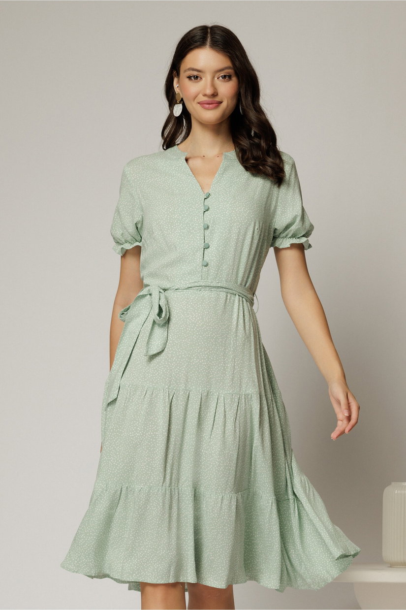 Rochie midi din viscoza verde fistic cu imprimeu alb
