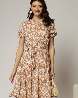 Rochie midi din viscoza maro cu imprimeu alb