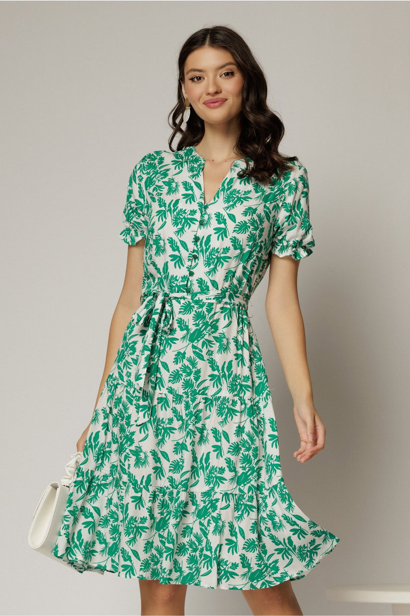 Rochie midi din viscoza alba cu imprimeu verde