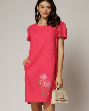 Rochie fucsia din in cu flori brodate si croi drept