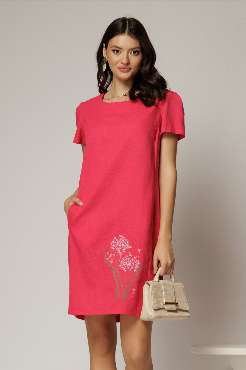 Rochie fucsia din in cu flori brodate si croi drept