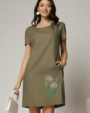 Rochie kaki din in cu flori brodate si croi drept