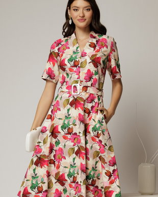 Rochie midi cu imprimeu floral in nuante de fucsia si bej