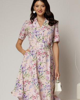 Rochie midi cu imprimeu floral in nuante de roz si lila