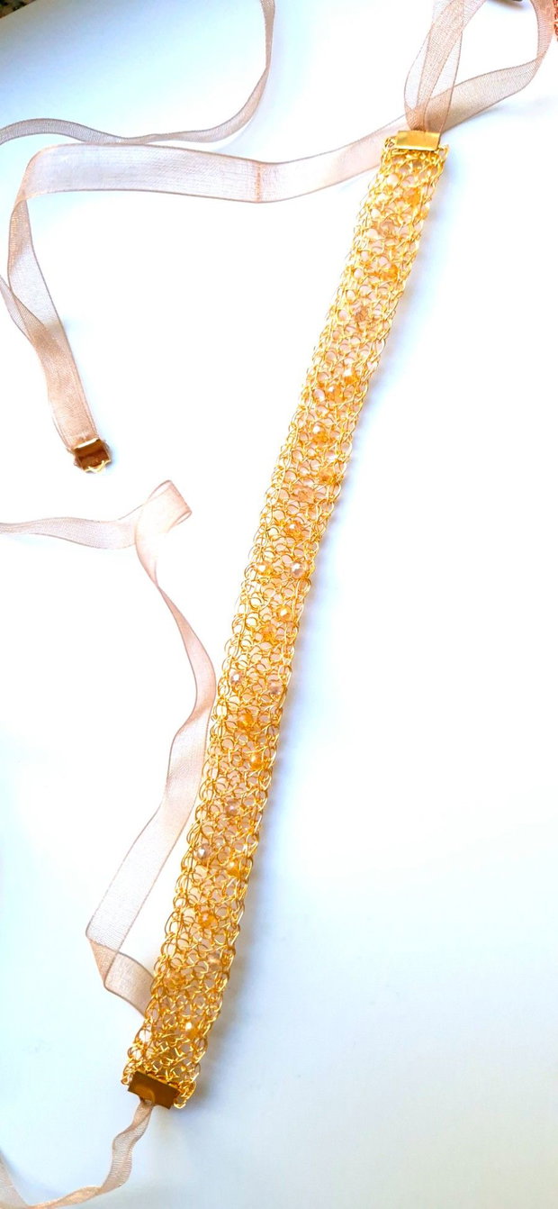 Bentita de par din cupru gilt cu margele si organza