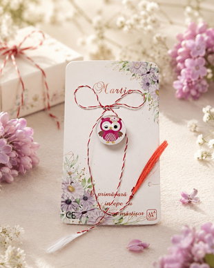 Brosa martisor cabochon sticla 16mm bufnita
