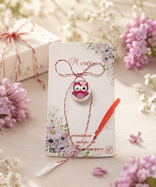 Brosa martisor cabochon sticla 16mm bufnita