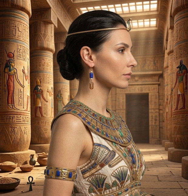 Cercei unicat, cu cartuse din bronz auriu cu zeii egipteni Seth si Horus, margele albastre dreptunghiulare de agat si perle albe