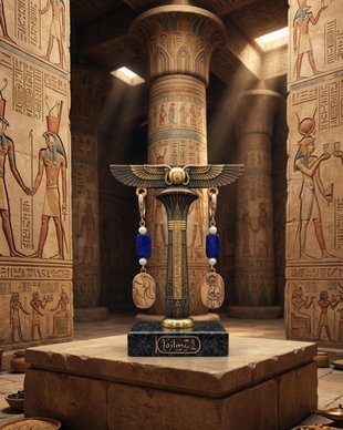 Cercei unicat, cu cartuse din bronz auriu cu zeii egipteni Seth si Horus, margele albastre dreptunghiulare de agat si perle albe