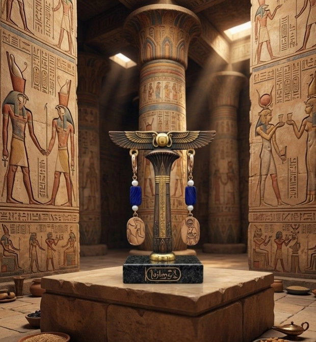 Cercei unicat, cu cartuse din bronz auriu cu zeii egipteni Seth si Horus, margele albastre dreptunghiulare de agat si perle albe