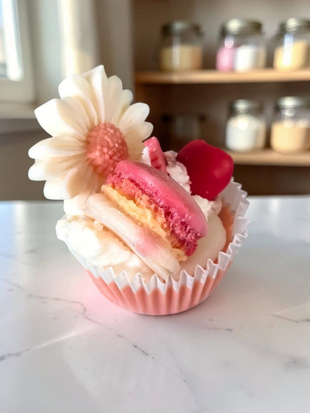 Lumânare Artizanală Tip Cupcake cu Macarons, AromaMarzipan Delight - Galben/ Rosu, Ceară Soia 115g