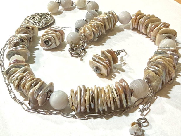 SET~ROSE SATIN~perle,agate,hematit,zamac,inox