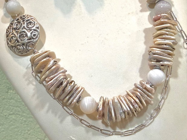 SET~ROSE SATIN~perle,agate,hematit,zamac,inox