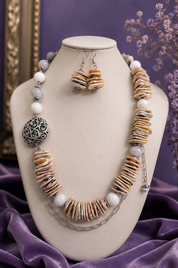 SET~ROSE SATIN~perle,agate,hematit,zamac,inox