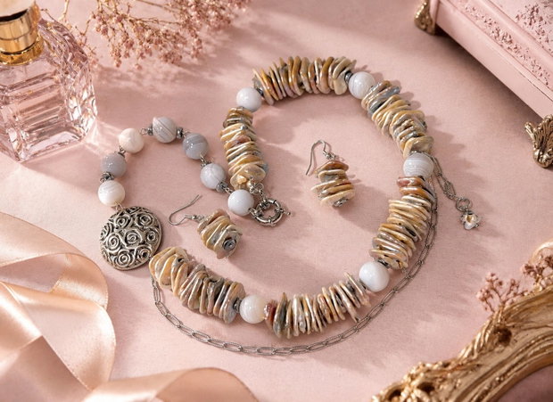 SET~ROSE SATIN~perle,agate,hematit,zamac,inox