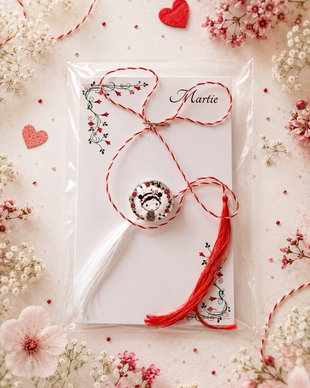 Brosa martisor cabochon sticla 14mm fetita
