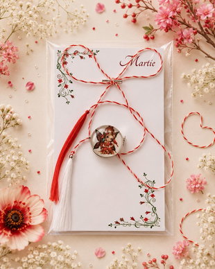 Brosa martisor cabochon sticla 14mm zana cu pasare