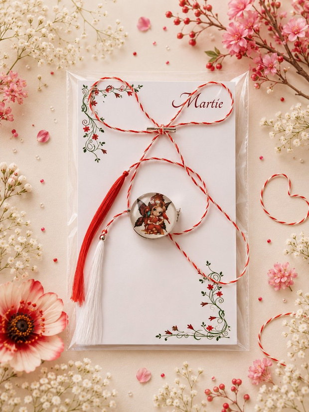 Brosa martisor cabochon sticla 14mm zana cu pasare