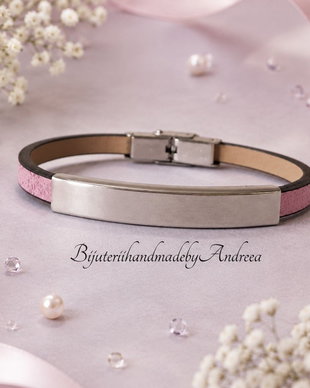 Bratara imitatie piele roz si distantier inox