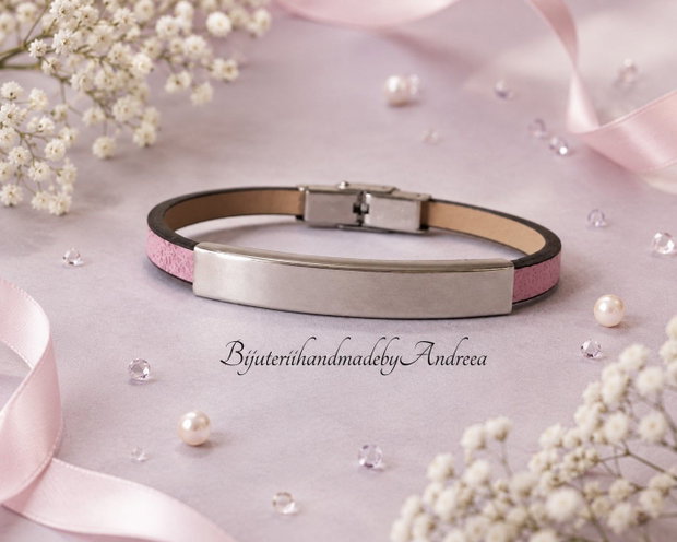Bratara imitatie piele roz si distantier inox