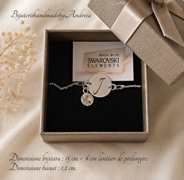 Bratara argint 925 cu banut argint 925 gravat si charm Swarovski