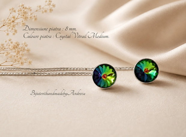 Cercei argint cu lantisor si piatra Swarovski Rivoli 8mm