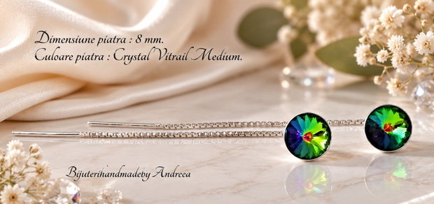 Cercei argint cu lantisor si piatra Swarovski Rivoli 8mm