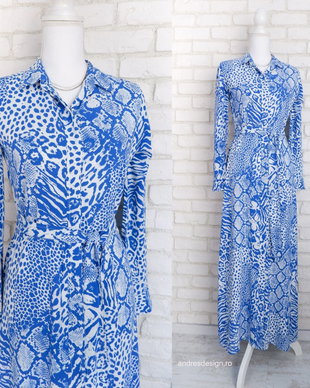 Rochie Vaporoasa Animal Print Albastru cu Alb (masura S, unicat)