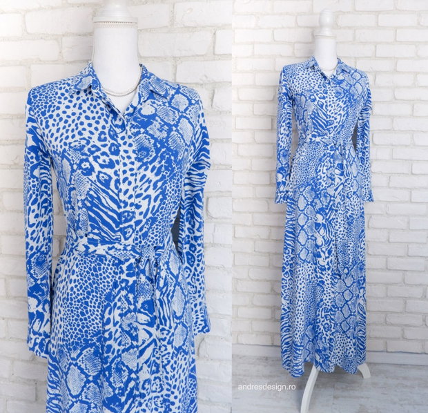 Rochie Vaporoasa Animal Print Albastru cu Alb (masura S, unicat)