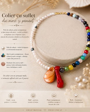 Colier handmade cu perle de cultură, mix din pietre semiprețioase, coral și sidef - Darul celor două mări