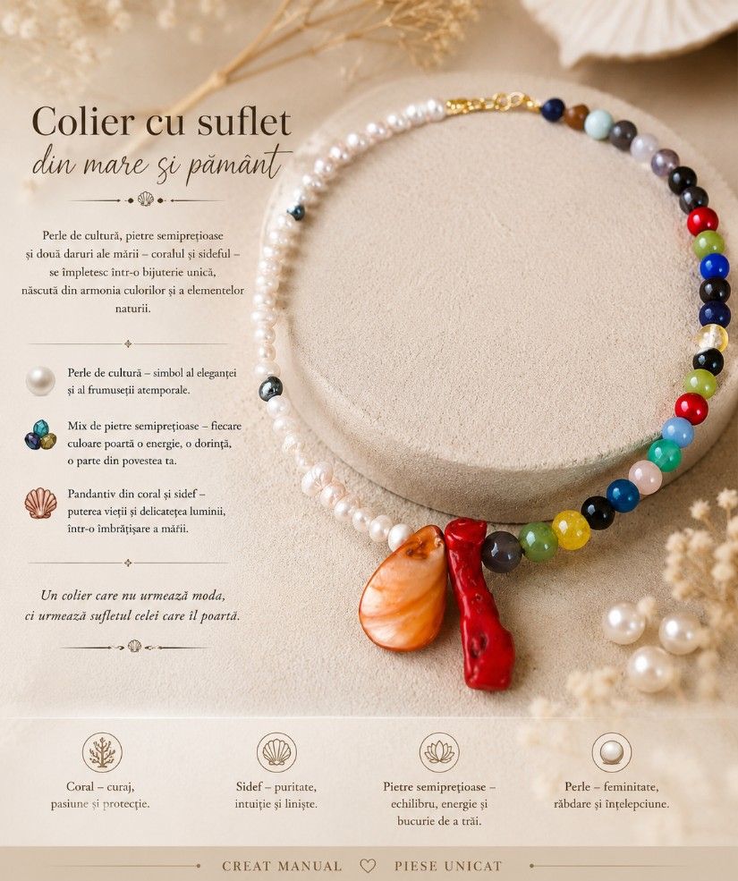 Colier handmade cu perle de cultură, mix din pietre semiprețioase, coral și sidef - Darul celor două mări