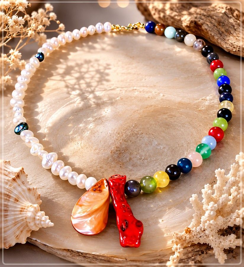 Colier handmade cu perle de cultură, mix din pietre semiprețioase, coral și sidef - Darul celor două mări