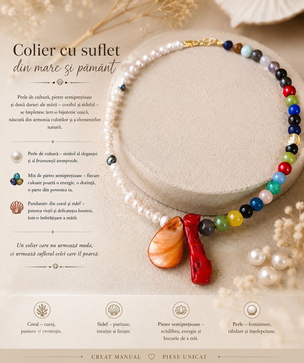 Colier handmade cu perle de cultură, mix din pietre semiprețioase, coral și sidef - Darul celor două mări
