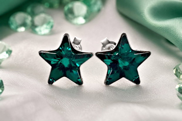 Cercei argint cu piatra Swarovski Stea 10mm Emerald
