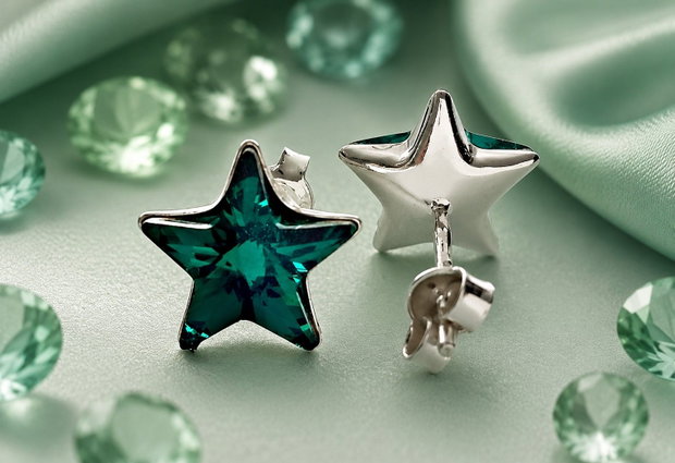 Cercei argint cu piatra Swarovski Stea 10mm Emerald