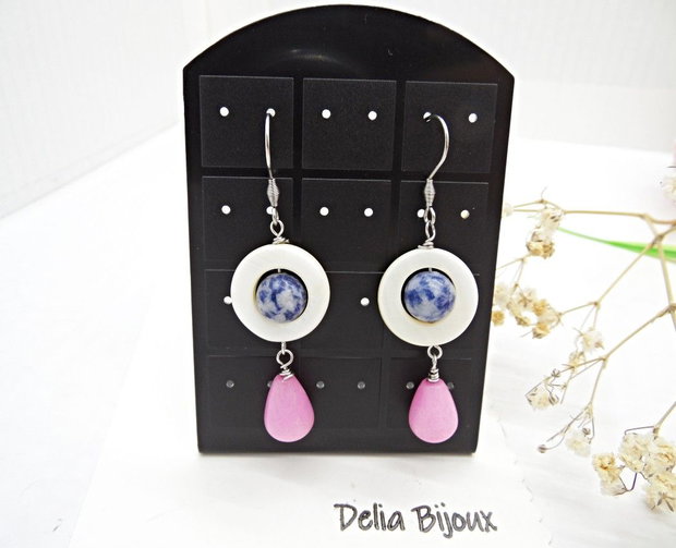 Cercei handmade din sidef, sodalit și jad roz  accesorii din inox  bijuterii unicat (cod1459)