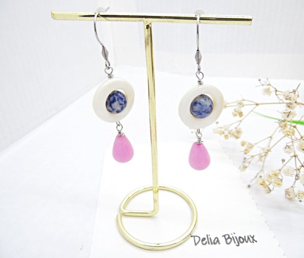 Cercei handmade din sidef, sodalit și jad roz  accesorii din inox  bijuterii unicat (cod1459)