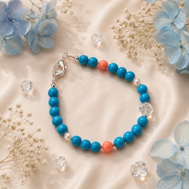 Bratara howlit albastru,coral roz,swarovski si perle