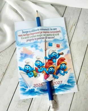 Card personalizat cu creion, cadou pentru prima si de zi de scoala - tema strumfi